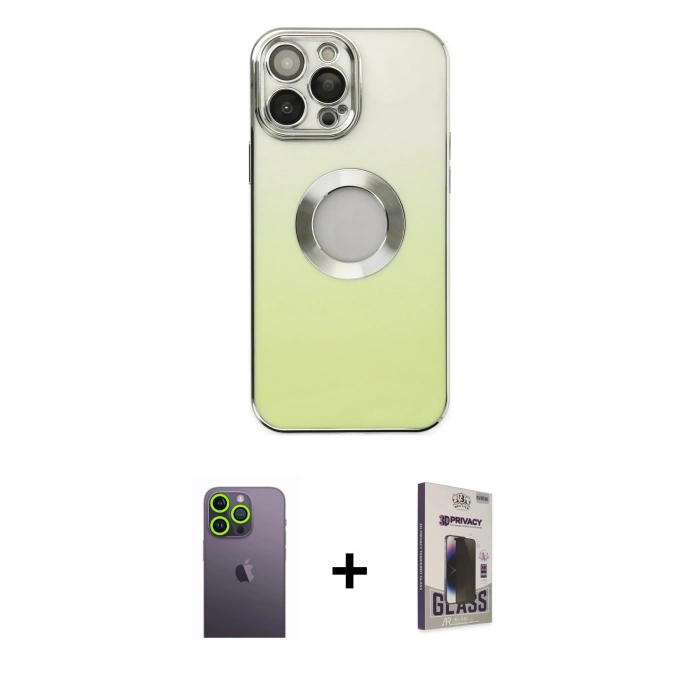 MARSİLYAN™- iPhone 13 Pro Max Kılıf Kutup Yansıma Özel Seri - Siyah Bilvis Hayalet Cam Ekran Koruyucu + Yeşil Neon Fosforlu Kamera Lens