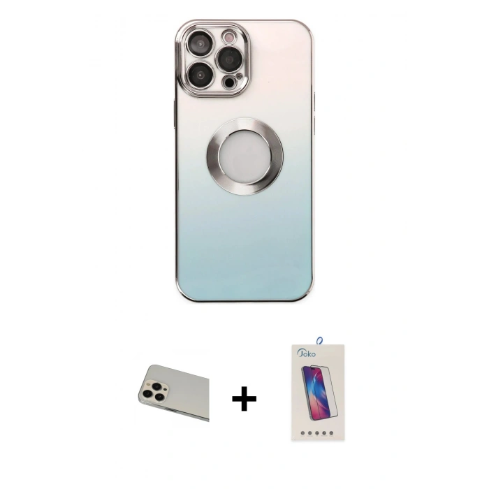 MARSİLYAN™- iPhone 13 Pro Max Kılıf Kutup Yansıma Özel Seri - Siyah Joko 5D Cam + Rose Gold Rainbow Kamera Lens Koruma Cam