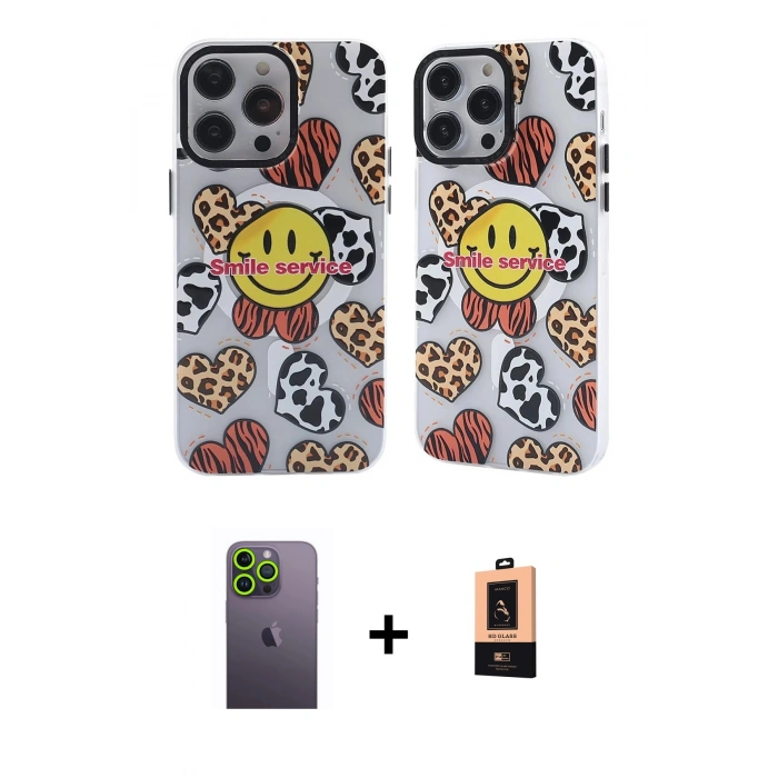 MARSİLYAN™- iPhone 13 Pro Max Kılıf Nova Doku Koleksiyonu - Şeffaf Maxco Cam Ekran Koruyucu + Neon Fosforlu Kamera Lens - YL