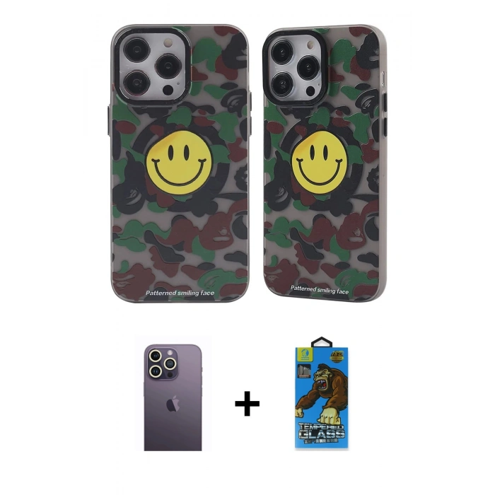 MARSİLYAN™- iPhone 13 Pro Max Kılıf Nova Doku Koleksiyonu - Siyah 18D Cam Ekran Koruyucu + Neon Fosforlu Kamera Lens - BZ