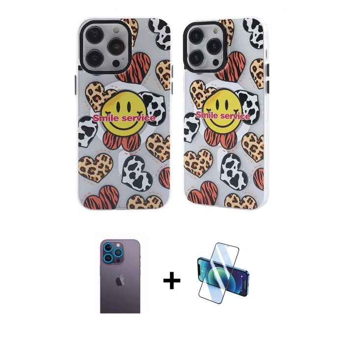 MARSİLYAN™- iPhone 13 Pro Max Kılıf Nova Doku Koleksiyonu - Siyah 3D Antistatik Cam Ekran Koruyucu + Neon Fosforlu Kamera Lens - MI