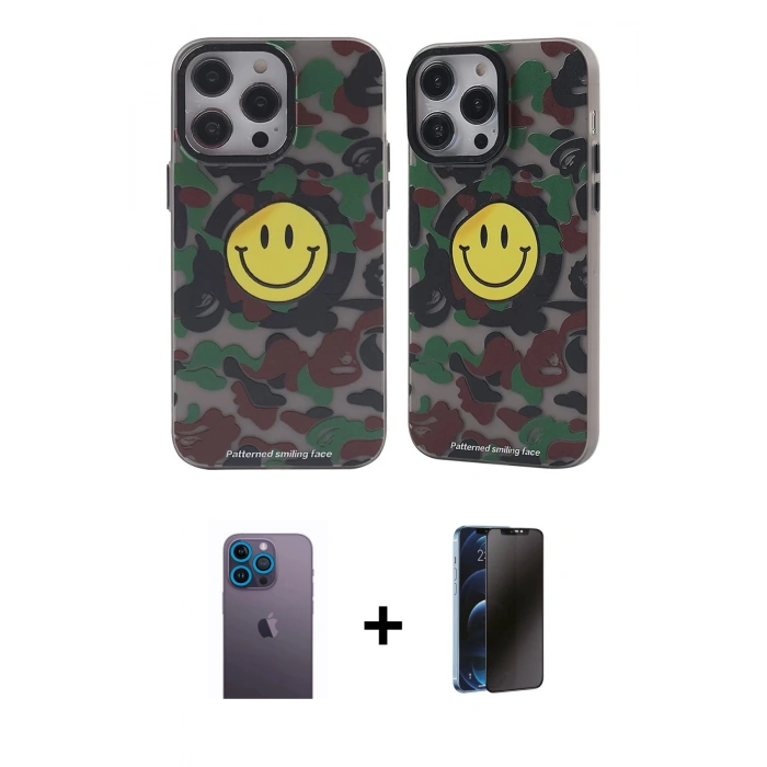 MARSİLYAN™- iPhone 13 Pro Max Kılıf Nova Doku Koleksiyonu - Siyah 3D Antistatik Hayalet Cam Ekran Koruyucu + Neon Fosforlu Kamera Lens - MI