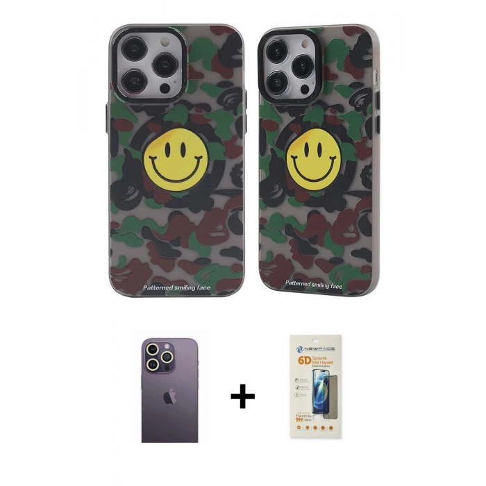 MARSİLYAN™- iPhone 13 Pro Max Kılıf Nova Doku Koleksiyonu - Siyah 6D Mat Seramik Hayalet Nano Ekran Koruyucu + Neon Fosforlu Kamera Lens - BZ