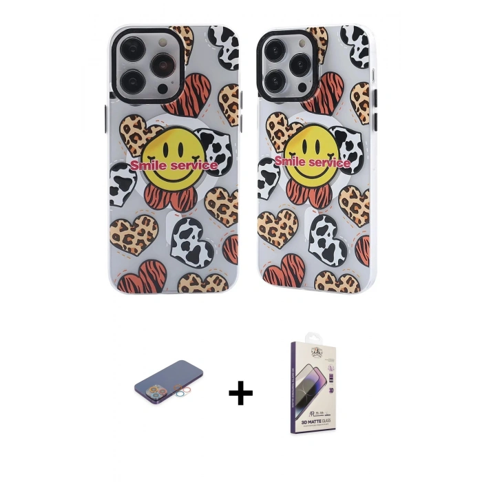 MARSİLYAN™- iPhone 13 Pro Max Kılıf Nova Doku Koleksiyonu - Siyah Bilvis 3D Mat Cam Ekran Koruyucu + Pembe Renkli Kamera Lens Koruma Cam