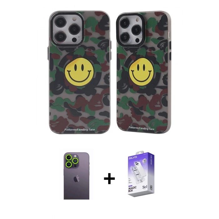 MARSİLYAN™- iPhone 13 Pro Max Kılıf Nova Doku Koleksiyonu - Siyah Bilvis 5in1 3D Magic Cam Ekran Koruyucu + Neon Fosforlu Kamera Lens - YL
