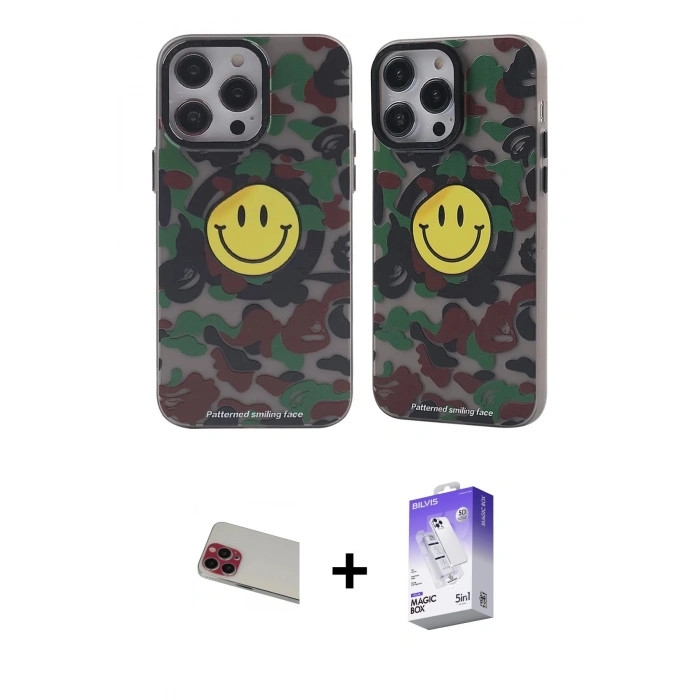 MARSİLYAN™- iPhone 13 Pro Max Kılıf Nova Doku Koleksiyonu - Siyah Bilvis 5in1 3D Magic Cam Ekran Koruyucu + Kırmızı Rainbow Kamera Lens Koruma Cam