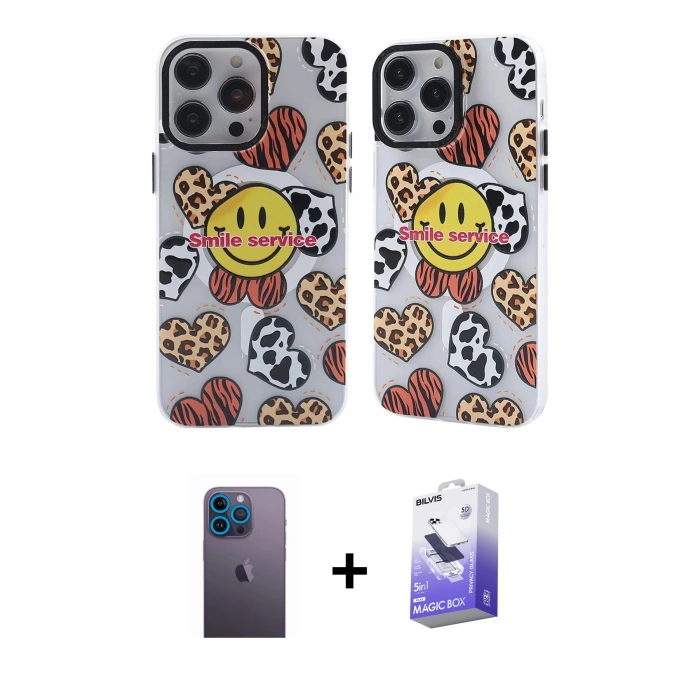MARSİLYAN™- iPhone 13 Pro Max Kılıf Nova Doku Koleksiyonu - Siyah Bilvis 5in1 5D Magic Hayalet Cam Ekran Koruyucu + Mavi Neon Fosforlu Kamera Lens