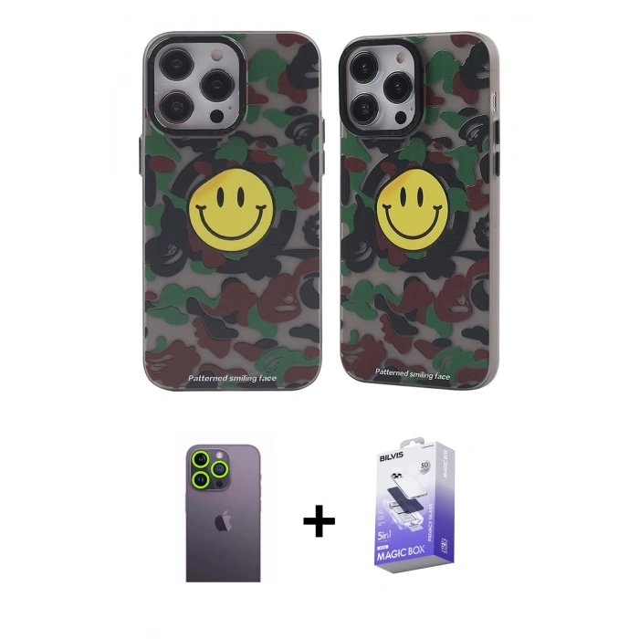 MARSİLYAN™- iPhone 13 Pro Max Kılıf Nova Doku Koleksiyonu - Siyah Bilvis 5in1 5D Magic Hayalet Cam Ekran Koruyucu + Neon Fosforlu Kamera Lens - YL