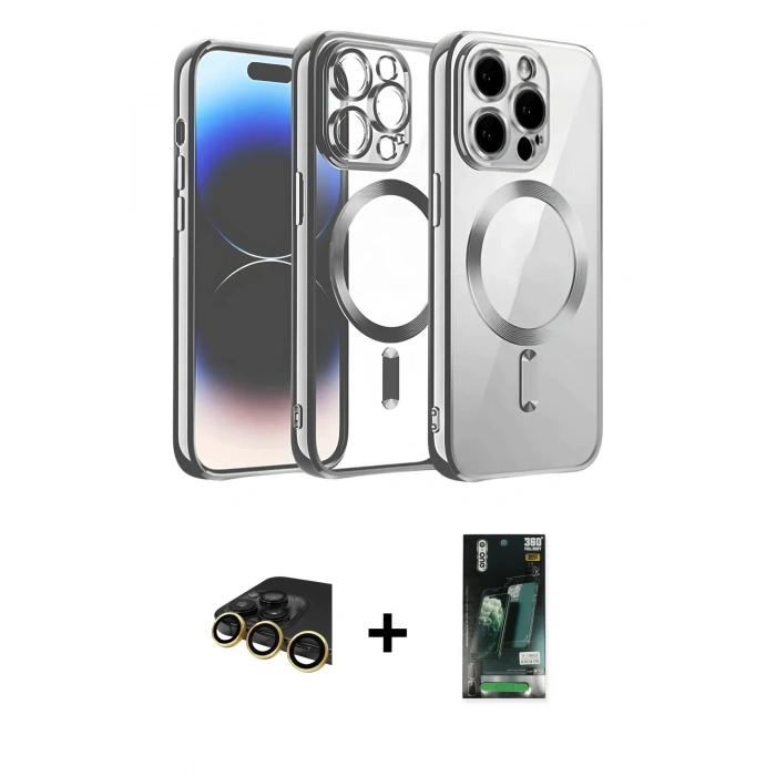 MARSİLYAN™- iPhone 13 Pro Max Kılıf Nova Işık Özel Seri - Şeffaf 360 Full Body Arka Koruyucu + Raze Metal Kamera Lens - GD