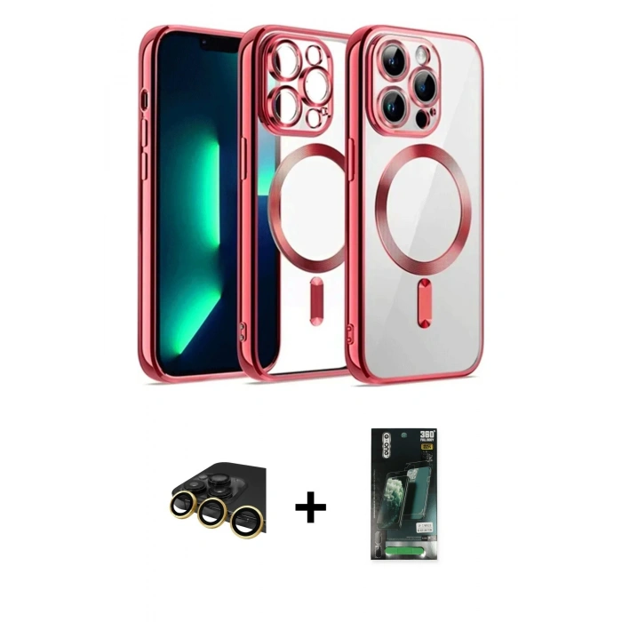 MARSİLYAN™- iPhone 13 Pro Max Kılıf Nova Işık Özel Seri - Şeffaf 360 Full Body Arka Koruyucu + Raze Metal Kamera Lens - GD