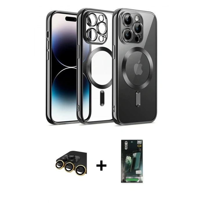 MARSİLYAN™- iPhone 13 Pro Max Kılıf Nova Işık Özel Seri - Şeffaf 360 Full Body Arka Koruyucu + Raze Metal Kamera Lens - GD