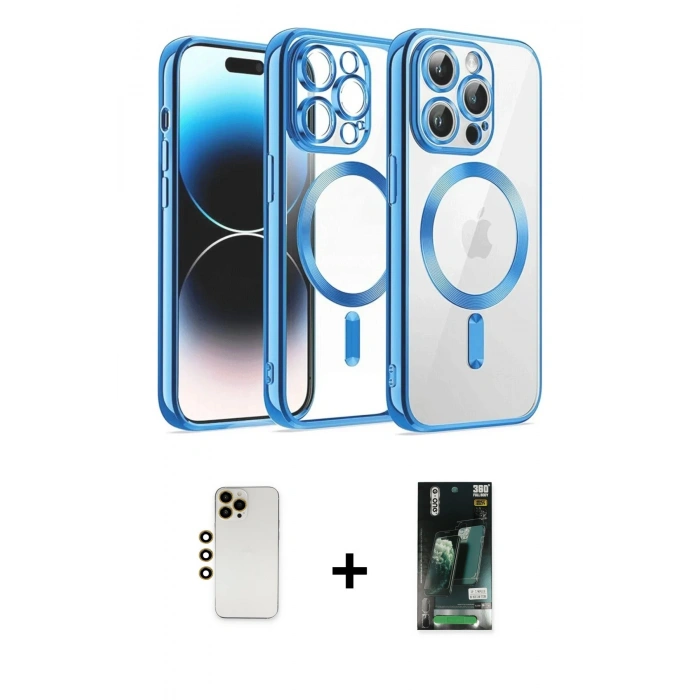 MARSİLYAN™- iPhone 13 Pro Max Kılıf Nova Işık Özel Seri - Şeffaf 360 Full Body Arka Koruyucu + Gold Shine Kamera Lens