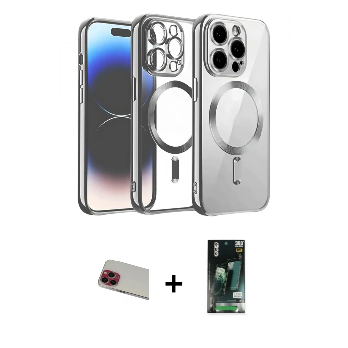 MARSİLYAN™- iPhone 13 Pro Max Kılıf Nova Işık Özel Seri - Şeffaf 360 Full Body Arka Koruyucu + Rainbow Kamera Lens Koruma Cam - KI