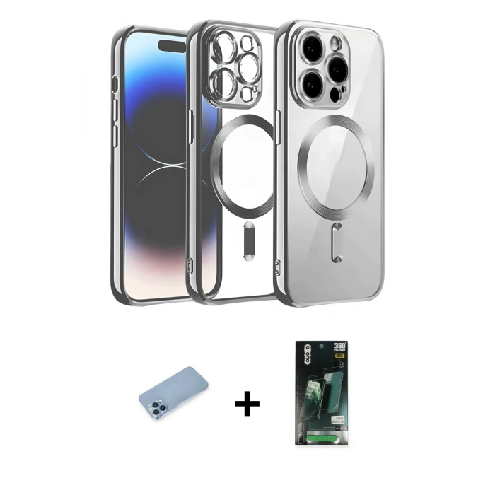MARSİLYAN™- iPhone 13 Pro Max Kılıf Nova Işık Özel Seri - Şeffaf 360 Full Body Arka Koruyucu + Mavi Shine Kamera Lens Koruma Cam
