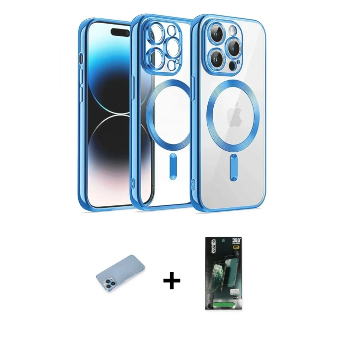 MARSİLYAN™- iPhone 13 Pro Max Kılıf Nova Işık Özel Seri - Şeffaf 360 Full Body Arka Koruyucu + Mavi Shine Kamera Lens Koruma Cam