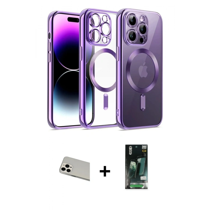 MARSİLYAN™- iPhone 13 Pro Max Kılıf Nova Işık Özel Seri - Şeffaf 360 Full Body Arka Koruyucu + Rainbow Kamera Lens Koruma Cam - BZ