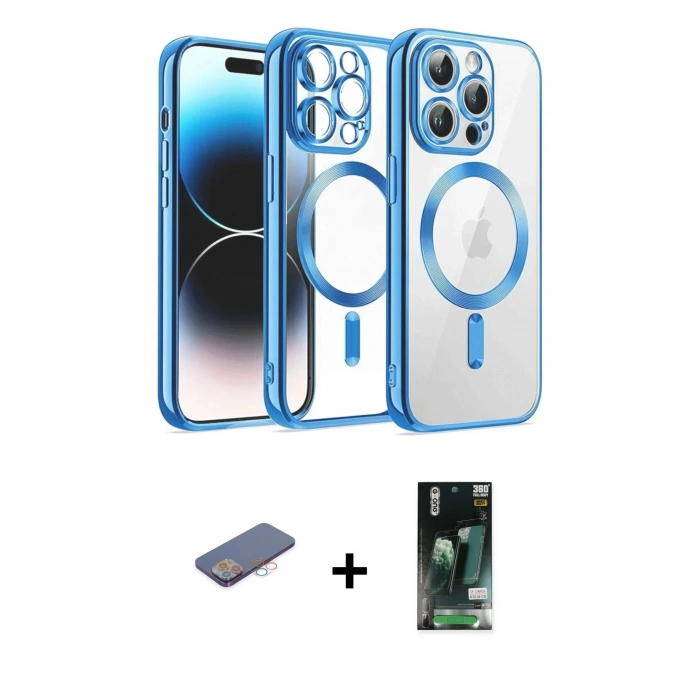 MARSİLYAN™- iPhone 13 Pro Max Kılıf Nova Işık Özel Seri - Şeffaf 360 Full Body Arka Koruyucu + Renkli Kamera Lens Koruma Cam - PE