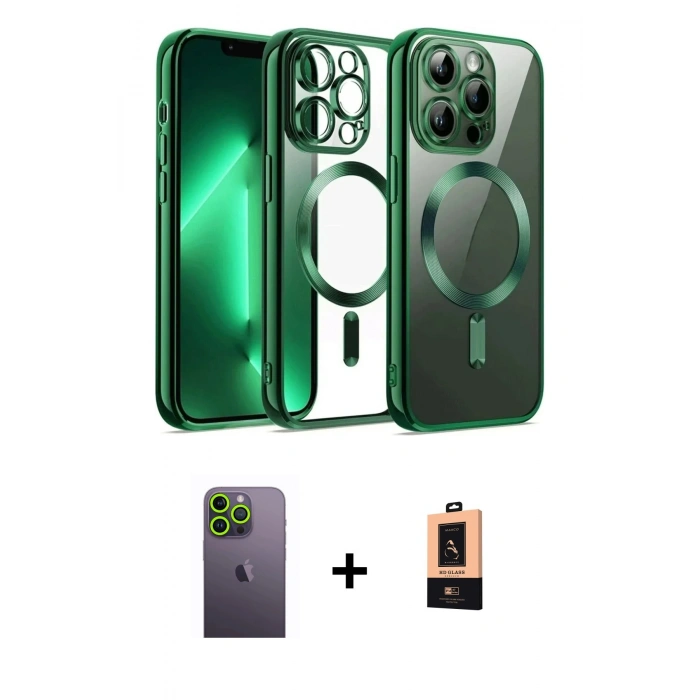 MARSİLYAN™- iPhone 13 Pro Max Kılıf Nova Işık Özel Seri - Şeffaf Maxco Cam Ekran Koruyucu + Neon Fosforlu Kamera Lens - YL