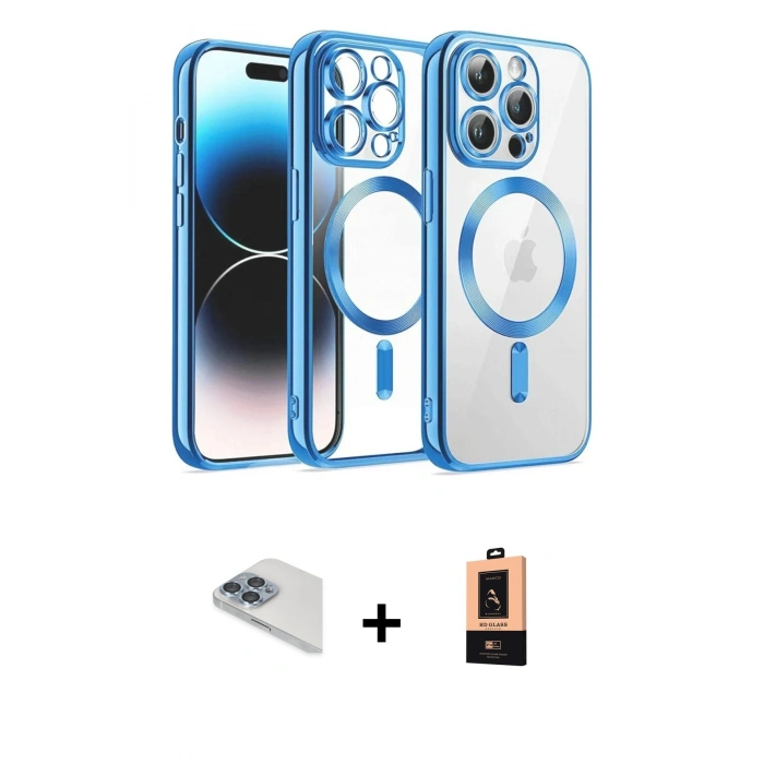 MARSİLYAN™- iPhone 13 Pro Max Kılıf Nova Işık Özel Seri - Şeffaf Maxco Cam Ekran Koruyucu + Sierra Blue Pers Alüminyum Kamera Lens
