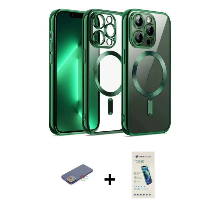 MARSİLYAN™- iPhone 13 Pro Max Kılıf Nova Işık Özel Seri - Şeffaf Pasifik Cam Ekran Koruyucu + Mavi Renkli Kamera Lens Koruma Cam