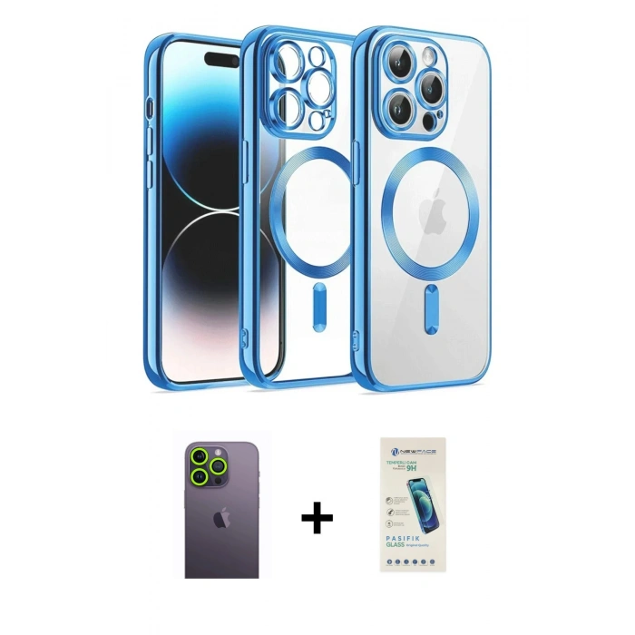 MARSİLYAN™- iPhone 13 Pro Max Kılıf Nova Işık Özel Seri - Şeffaf Pasifik Cam Ekran Koruyucu + Yeşil Neon Fosforlu Kamera Lens
