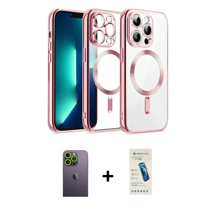 MARSİLYAN™- iPhone 13 Pro Max Kılıf Nova Işık Özel Seri - Şeffaf Pasifik Cam Ekran Koruyucu + Yeşil Neon Fosforlu Kamera Lens