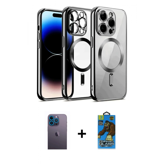 MARSİLYAN™- iPhone 13 Pro Max Kılıf Nova Işık Özel Seri - Siyah 18D Cam Ekran Koruyucu + Neon Fosforlu Kamera Lens - MI