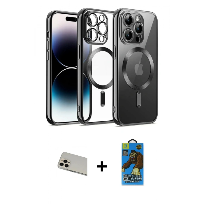 MARSİLYAN™- iPhone 13 Pro Max Kılıf Nova Işık Özel Seri - Siyah 18D Cam Ekran Koruyucu + Rainbow Kamera Lens Koruma Cam - REGD