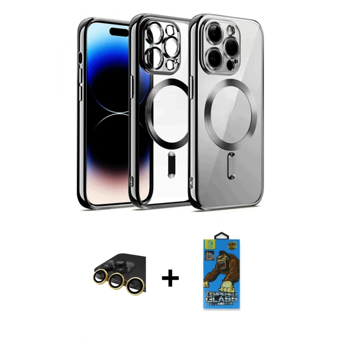 MARSİLYAN™- iPhone 13 Pro Max Kılıf Nova Işık Özel Seri - Siyah 18D Cam Ekran Koruyucu + Raze Metal Kamera Lens - GD
