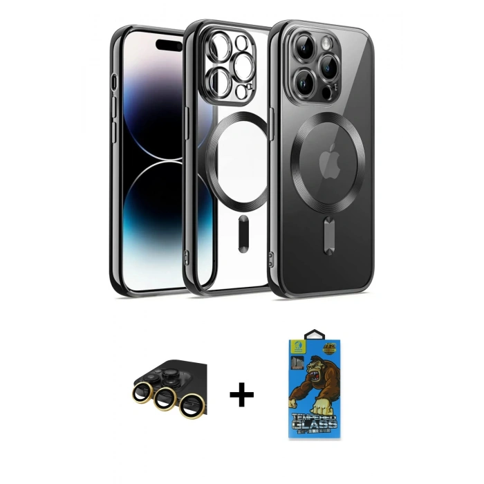 MARSİLYAN™- iPhone 13 Pro Max Kılıf Nova Işık Özel Seri - Siyah 18D Cam Ekran Koruyucu + Raze Metal Kamera Lens - GD