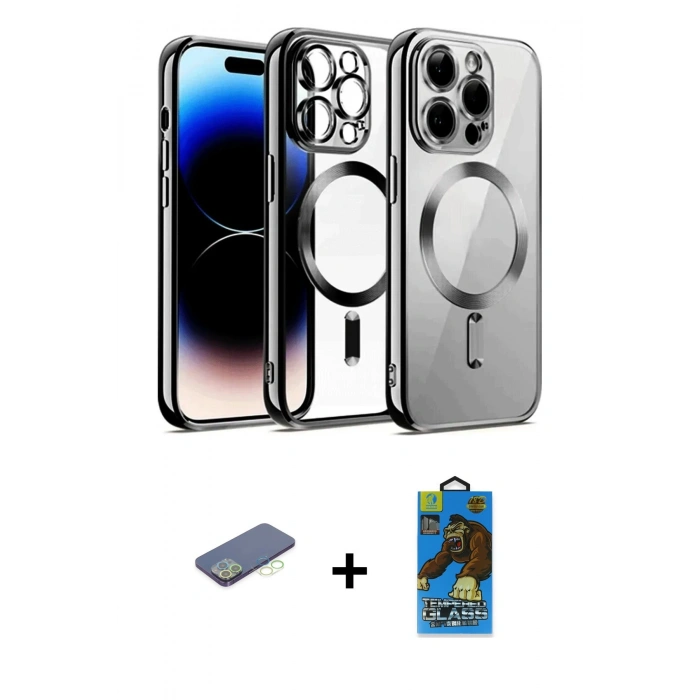 MARSİLYAN™- iPhone 13 Pro Max Kılıf Nova Işık Özel Seri - Siyah 18D Cam Ekran Koruyucu + Renkli Kamera Lens Koruma Cam - YL