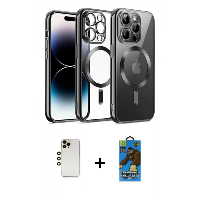 MARSİLYAN™- iPhone 13 Pro Max Kılıf Nova Işık Özel Seri - Siyah 18D Cam Ekran Koruyucu + Shine Kamera Lens - GD