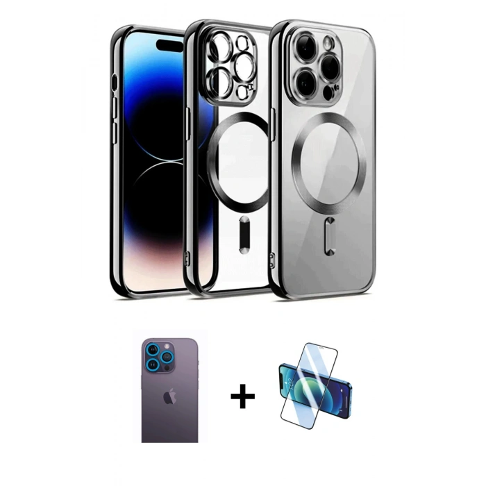 MARSİLYAN™- iPhone 13 Pro Max Kılıf Nova Işık Özel Seri - Siyah 3D Antistatik Cam Ekran Koruyucu + Neon Fosforlu Kamera Lens - MI