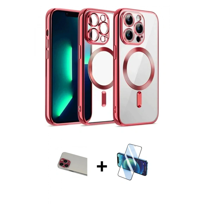 MARSİLYAN™- iPhone 13 Pro Max Kılıf Nova Işık Özel Seri - Siyah 3D Antistatik Cam Ekran Koruyucu + Rainbow Kamera Lens Koruma Cam - KI