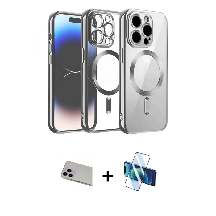 MARSİLYAN™- iPhone 13 Pro Max Kılıf Nova Işık Özel Seri - Siyah 3D Antistatik Cam Ekran Koruyucu + Rainbow Kamera Lens Koruma Cam - MR