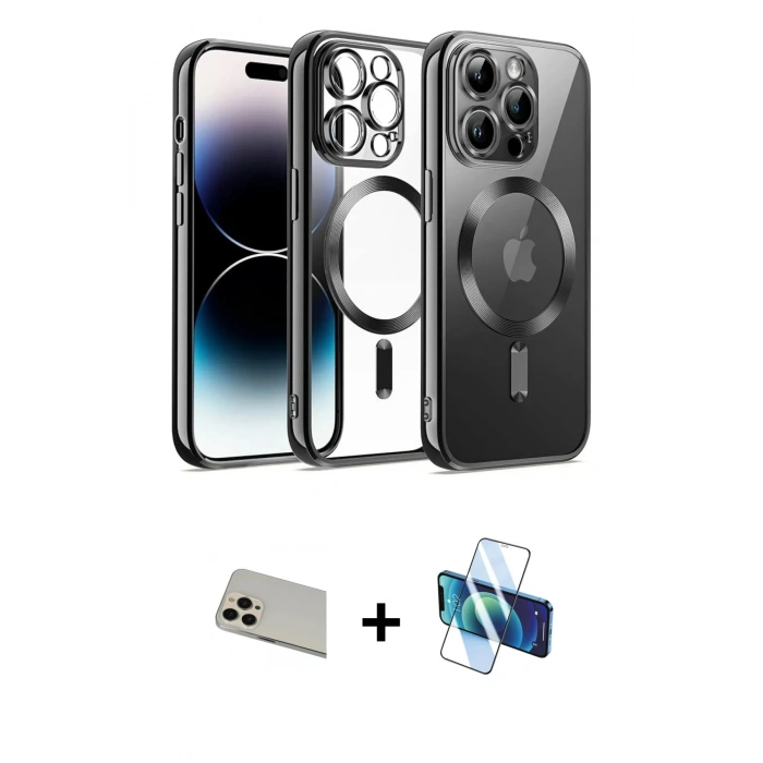 MARSİLYAN™- iPhone 13 Pro Max Kılıf Nova Işık Özel Seri - Siyah 3D Antistatik Cam Ekran Koruyucu + Rainbow Kamera Lens Koruma Cam - REGD