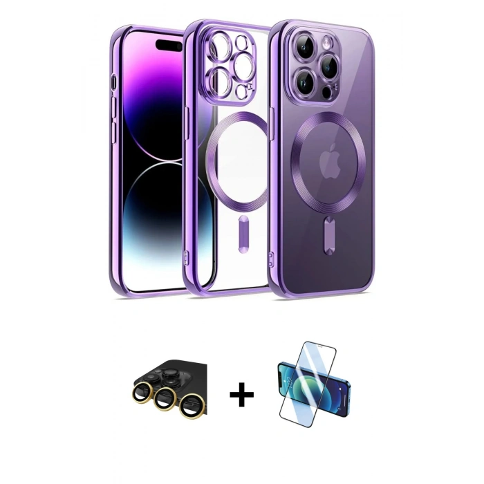 MARSİLYAN™- iPhone 13 Pro Max Kılıf Nova Işık Özel Seri - Siyah 3D Antistatik Cam Ekran Koruyucu + Raze Metal Kamera Lens - GD