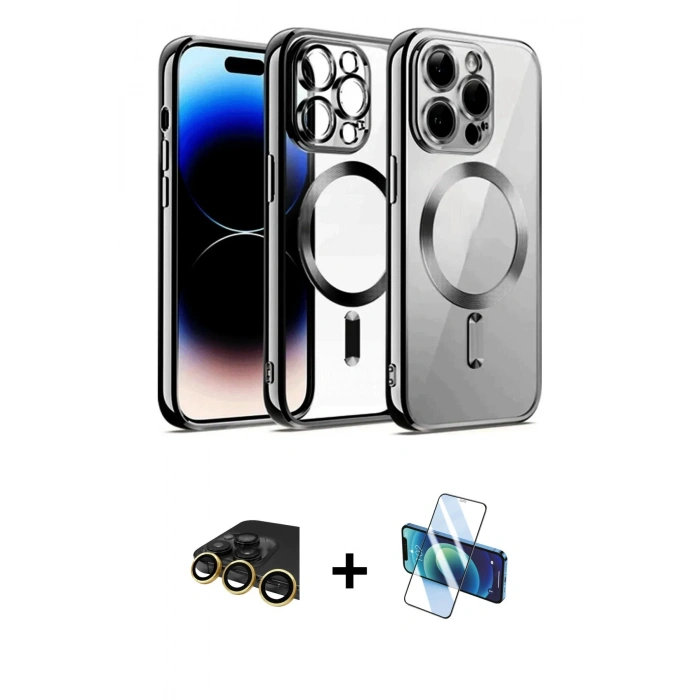 MARSİLYAN™- iPhone 13 Pro Max Kılıf Nova Işık Özel Seri - Siyah 3D Antistatik Cam Ekran Koruyucu + Raze Metal Kamera Lens - GD