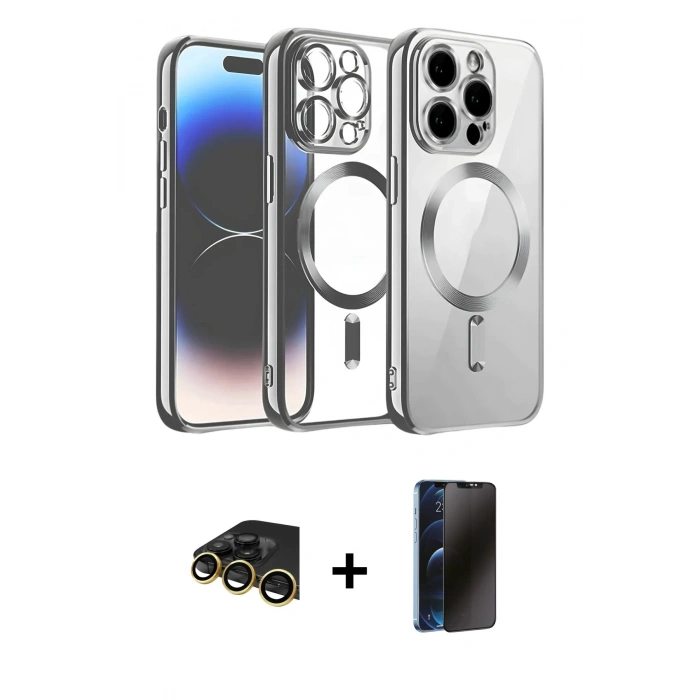 MARSİLYAN™- iPhone 13 Pro Max Kılıf Nova Işık Özel Seri - Siyah 3D Antistatik Hayalet Cam Ekran Koruyucu + Raze Metal Kamera Lens - GD