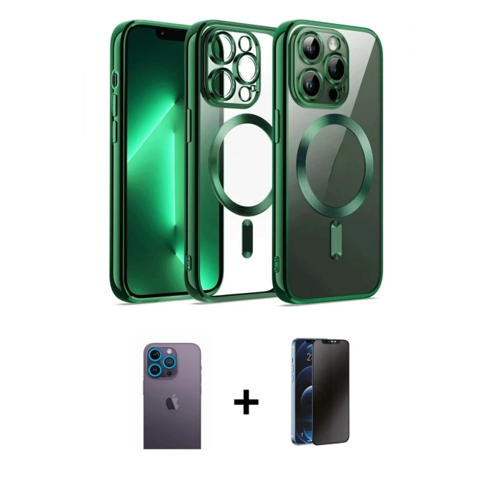 MARSİLYAN™- iPhone 13 Pro Max Kılıf Nova Işık Özel Seri - Siyah 3D Antistatik Hayalet Cam Ekran Koruyucu + Mavi Neon Fosforlu Kamera Lens