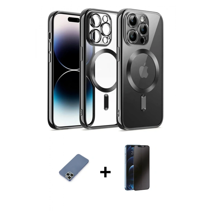 MARSİLYAN™- iPhone 13 Pro Max Kılıf Nova Işık Özel Seri - Siyah 3D Antistatik Hayalet Cam Ekran Koruyucu + Metal Kamera Lens Koruma Cam - AKYL
