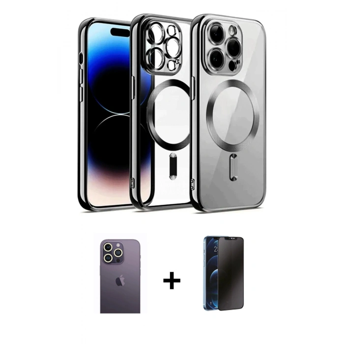 MARSİLYAN™- iPhone 13 Pro Max Kılıf Nova Işık Özel Seri - Siyah 3D Antistatik Hayalet Cam Ekran Koruyucu + Neon Fosforlu Kamera Lens - BZ