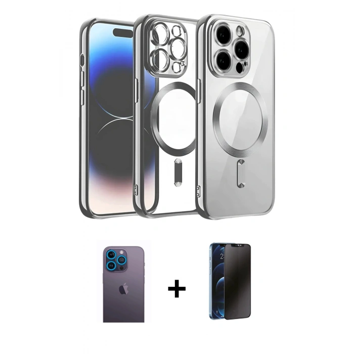 MARSİLYAN™- iPhone 13 Pro Max Kılıf Nova Işık Özel Seri - Siyah 3D Antistatik Hayalet Cam Ekran Koruyucu + Mavi Neon Fosforlu Kamera Lens