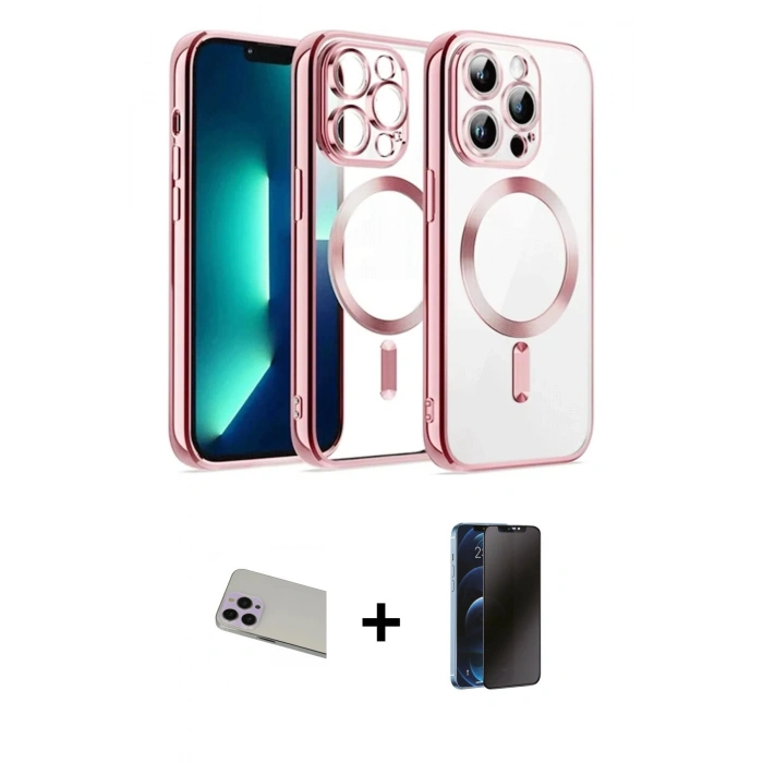 MARSİLYAN™- iPhone 13 Pro Max Kılıf Nova Işık Özel Seri - Siyah 3D Antistatik Hayalet Cam Ekran Koruyucu + Rainbow Kamera Lens Koruma Cam - MR