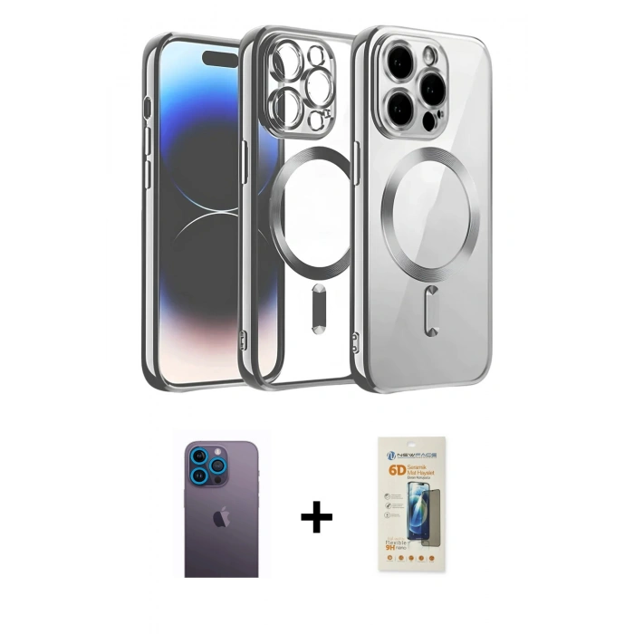 MARSİLYAN™- iPhone 13 Pro Max Kılıf Nova Işık Özel Seri - Siyah 6D Mat Seramik Hayalet Nano Ekran Koruyucu + Neon Fosforlu Kamera Lens - MI