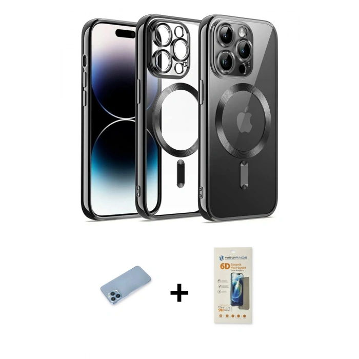 MARSİLYAN™- iPhone 13 Pro Max Kılıf Nova Işık Özel Seri - Siyah 6D Mat Seramik Hayalet Nano Ekran Koruyucu + Shine Kamera Lens Koruma Cam - MI