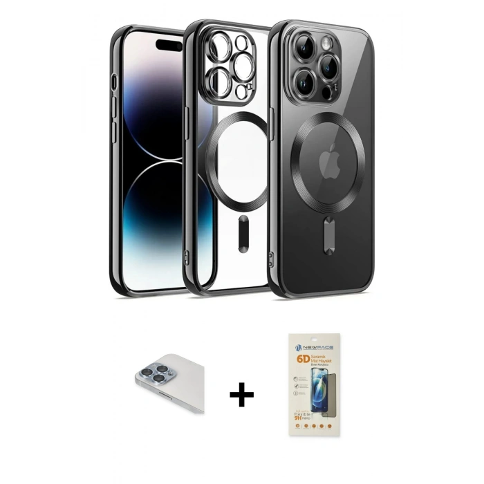 MARSİLYAN™- iPhone 13 Pro Max Kılıf Nova Işık Özel Seri - Siyah 6D Mat Seramik Hayalet Nano Ekran Koruyucu + Pers Alüminyum Kamera Lens - SABE