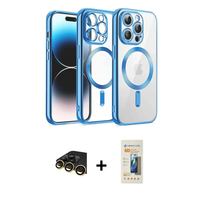 MARSİLYAN™- iPhone 13 Pro Max Kılıf Nova Işık Özel Seri - Siyah 6D Mat Seramik Hayalet Nano Ekran Koruyucu + Gold Raze Metal Kamera Lens