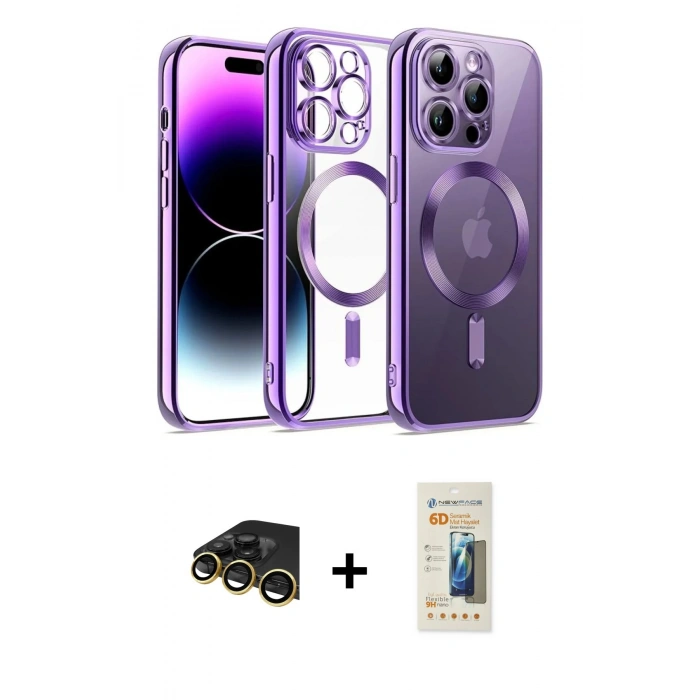 MARSİLYAN™- iPhone 13 Pro Max Kılıf Nova Işık Özel Seri - Siyah 6D Mat Seramik Hayalet Nano Ekran Koruyucu + Gold Raze Metal Kamera Lens