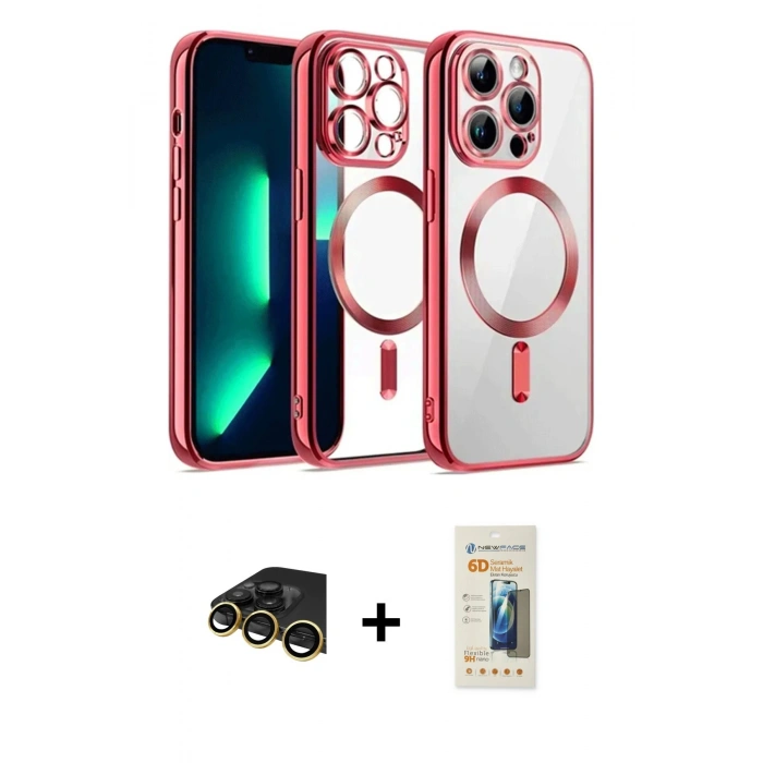 MARSİLYAN™- iPhone 13 Pro Max Kılıf Nova Işık Özel Seri - Siyah 6D Mat Seramik Hayalet Nano Ekran Koruyucu + Gold Raze Metal Kamera Lens